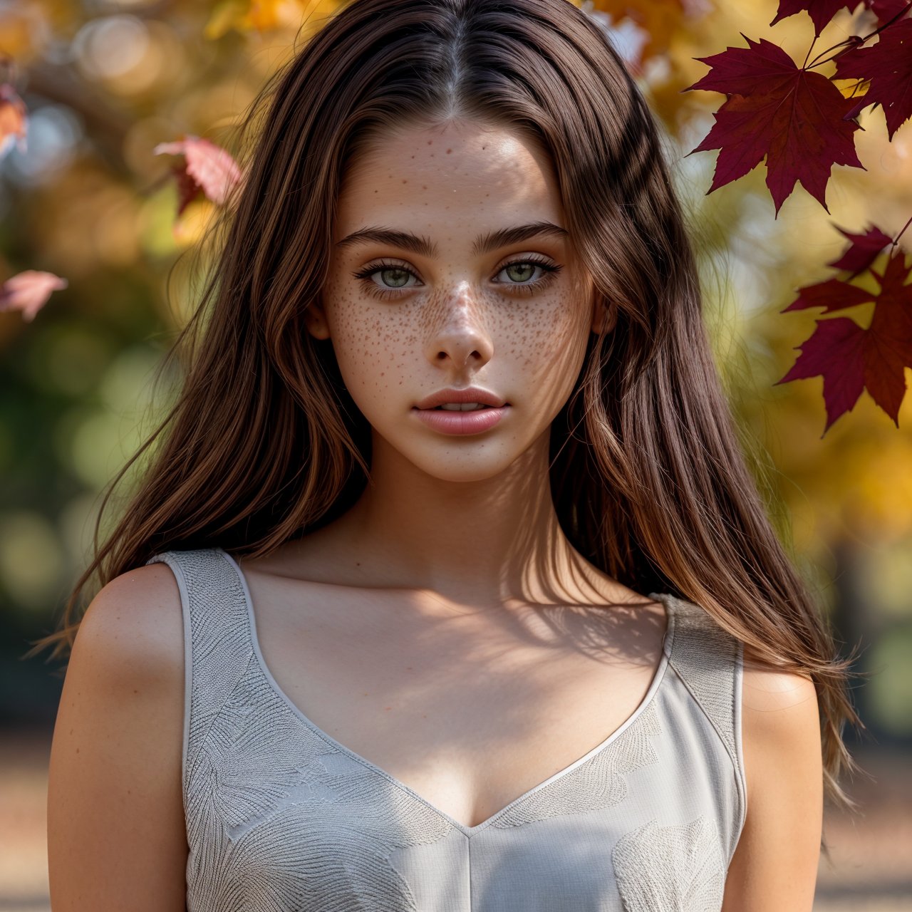 wallpaper looking at viewer, full body portrait of adorable (AIDA_LoRA_MeW2023:1.02) <lora:AIDA_LoRA_MeW2023:0.92> in (simple light gray dress:1.1), [stunning girl], glossy skin with visible pores and freckles, pretty face, naughty, intricate pattern, kkw-ph1, (colorful:1.1), (in the autumn the park:1.1), (falling leaves:1.1), (red and yellow trees:1.1), sunlight, outdoors  