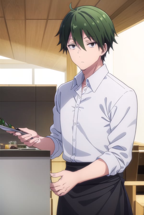 kouyouakizuki, <lora:kouyou akizuki s1-lora-nochekaiser:1>,kouyou akizuki, ahoge, male focus, green hair, (black eyes:1.5),BREAK shirt, apron, waist apron, waiter, shirt, white shirt, collared shirt,BREAK indoors, restaurant,BREAK looking at viewer, (cowboy shot:1.5),BREAK <lyco:GoodHands-beta2:1>, (masterpiece:1.2), best quality, high resolution, unity 8k wallpaper, (illustration:0.8), (beautiful detailed eyes:1.6), extremely detailed face, perfect lighting, extremely detailed CG, (perfect hands, perfect anatomy),