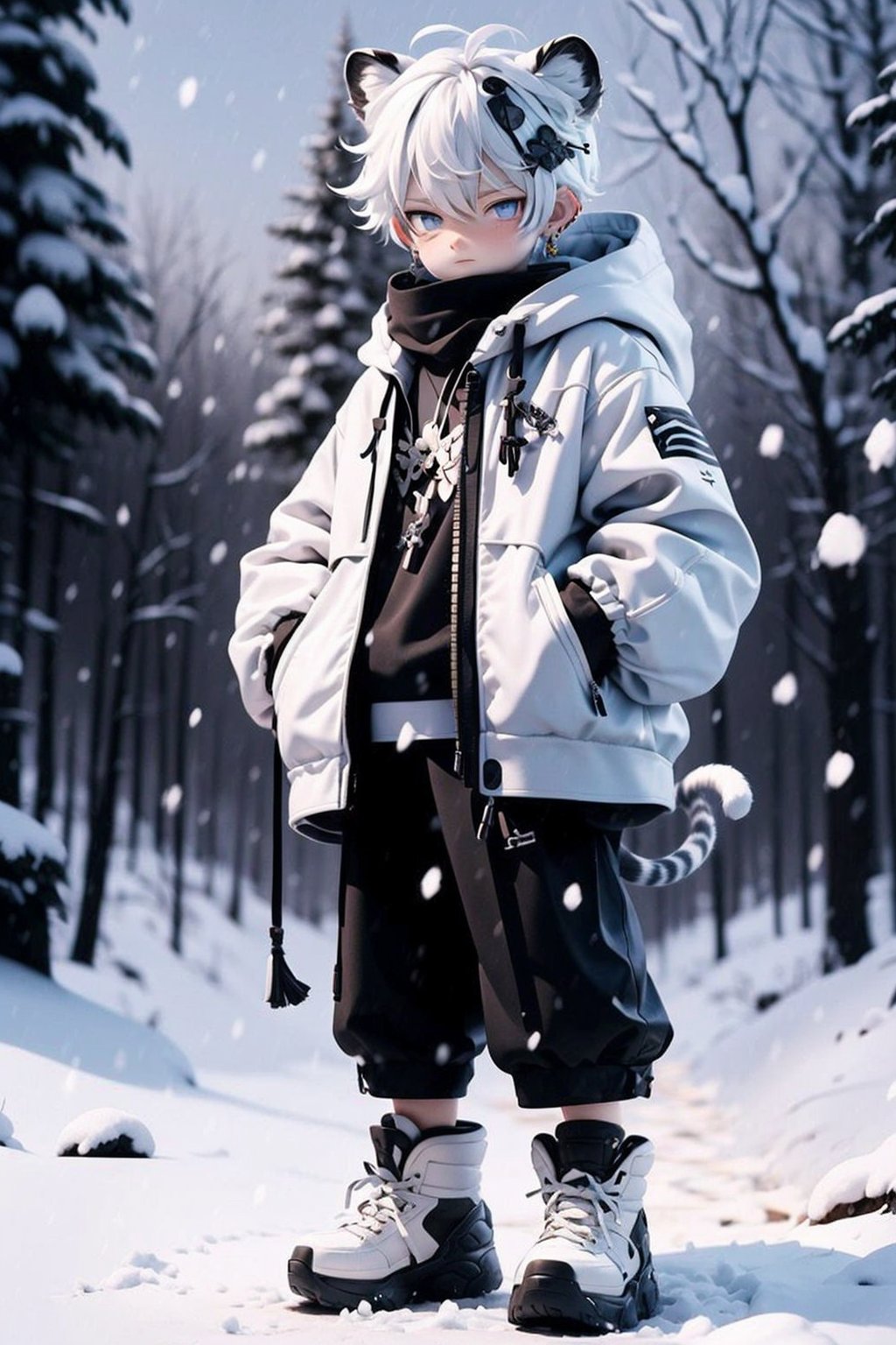 NJIP, 1boy, male focus, white hair, white tiger, animal ears, looking at viewer, tassel, tail, braid, jewelry, snowing, earrings, blue eyes, long sleeves, snow, solo, full body, animal