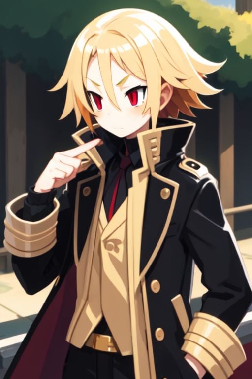 solo, 1boy, stroking own chin, golden hair, sideburns, red eyes, orange peacoat, day, outdoors <lora:harada_takehito_Disgaea_style_v01:1>