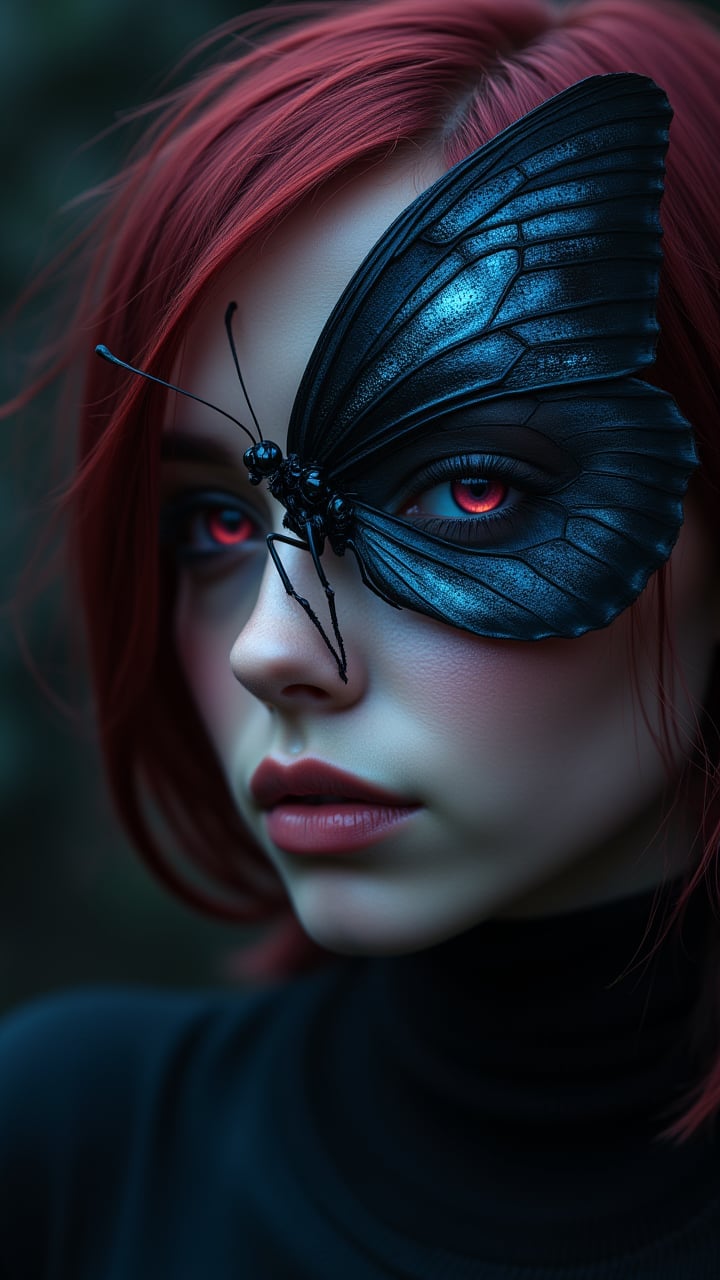 Dark Text:"MJ x FLUX", A Charred Blue Morpho Butterfly with a tiny Mechanical Legs and piercing dark pink eyes gazes intently at the camera, her Flipped hair Crimson hair blowing in the wind. aidmaMJ6.1