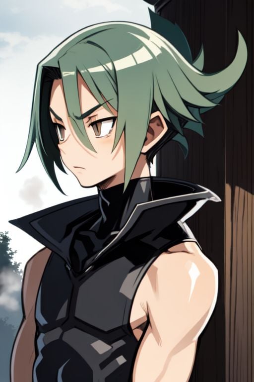 solo, 1boy, dark green hair, slick back, silver eyes, light brown sleeveless turtleneck, foggy atmosphere, outdoors <lora:harada_takehito_Disgaea_style_v01:1>