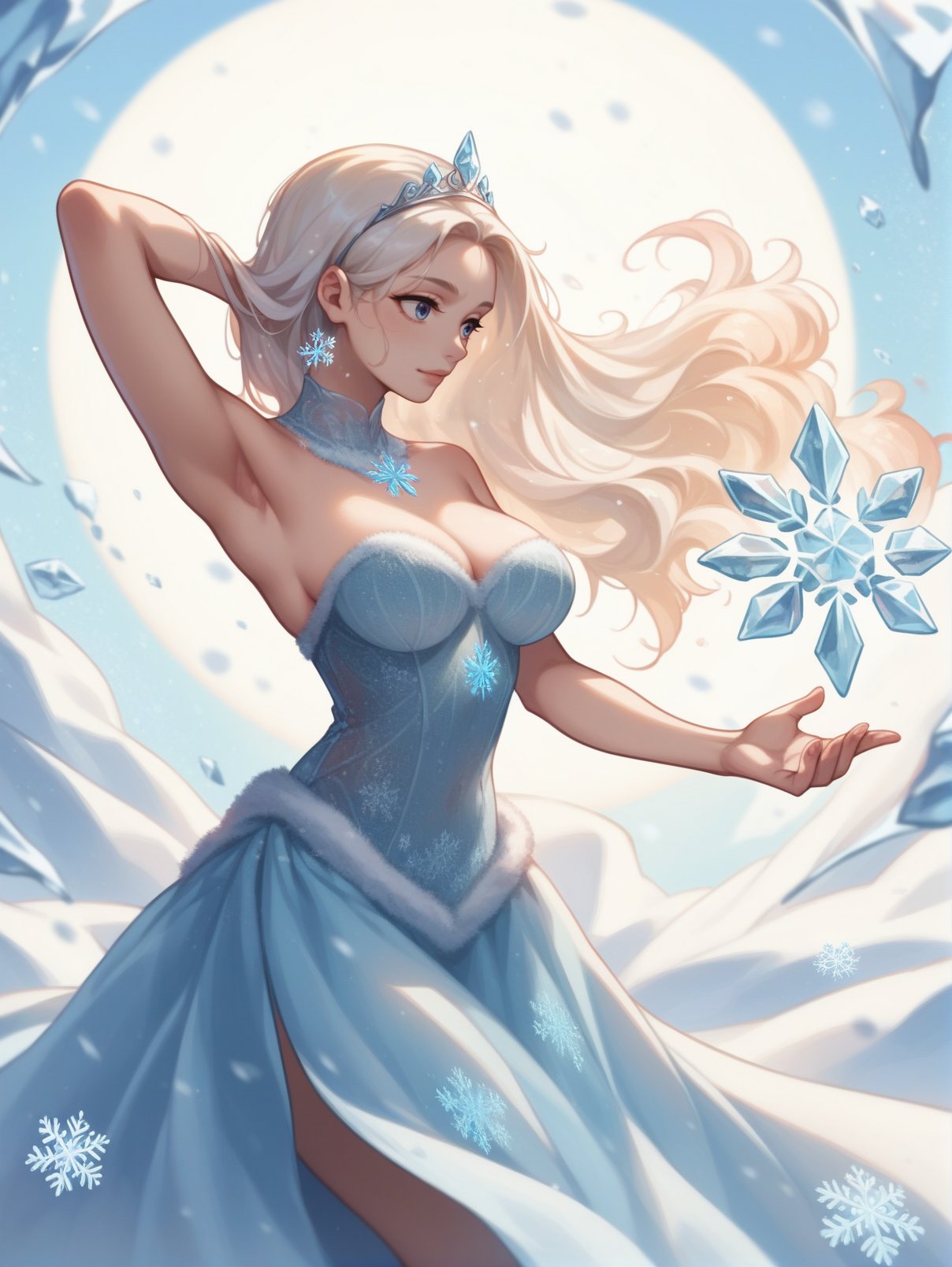 score_9, score_8_up, score_7_up, score_6_up, score_5_up, score_4_up, intricate, highly detailed,1girl wearing an ice dress, <lora:ice_dress-PD-1.0:1>,large breasts, long hair, white hair, tiara, jewelry, blue eyes, snowfield, snowing, from side, pose, cowboy shot, spell, magic, snowflake in hand, floating hair, 