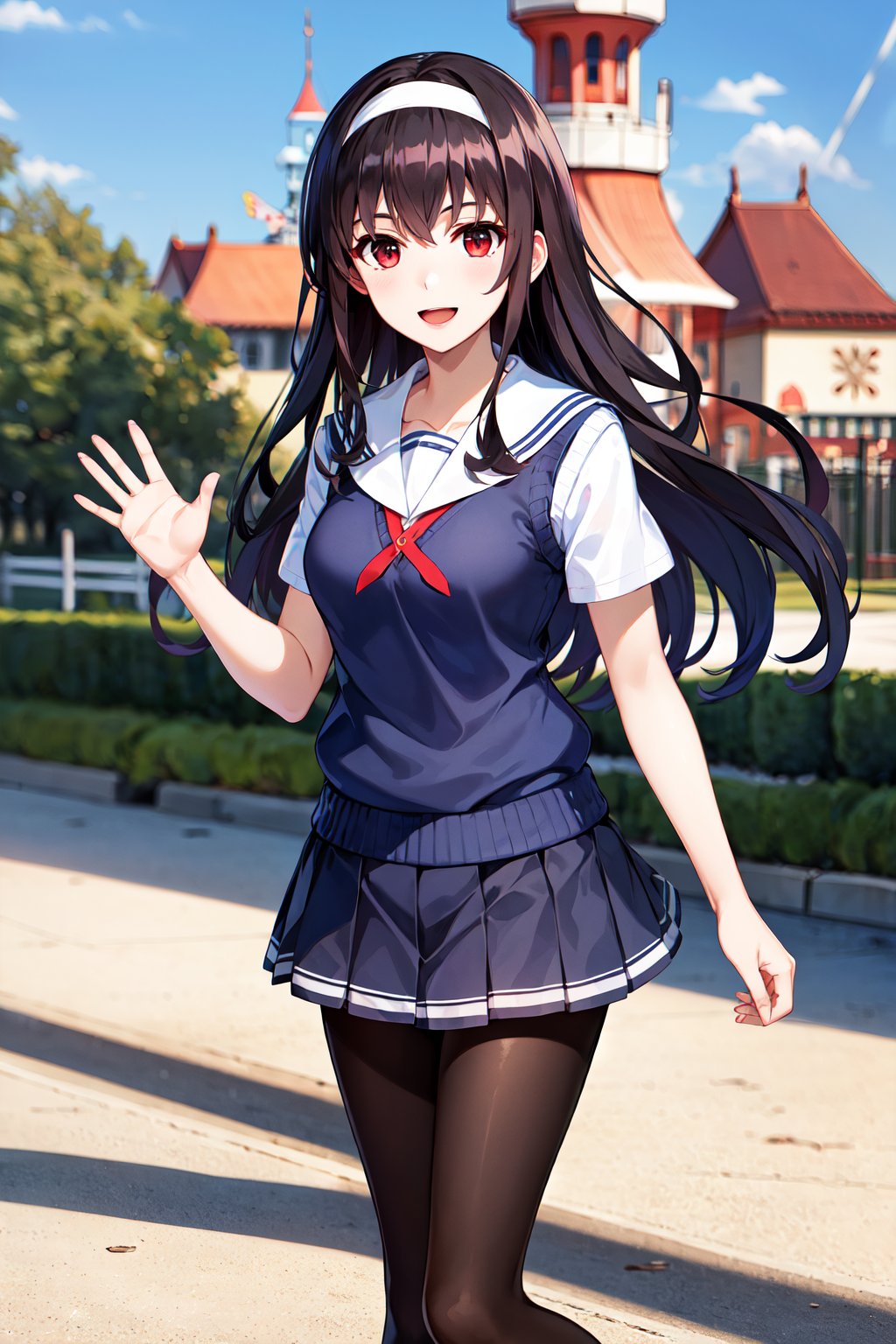 masterpiece, best quality, highres, aautaha, long hair, black hair, hairband, school uniform, sailor collar, sweater vest, blue sweater, white shirt, short sleeves, pleated skirt, blue skirt, (black pantyhose:1.2), <lora:kasumigaoka_utaha_v2-1:0.7>, amusement park, waving, smile, open mouth, 