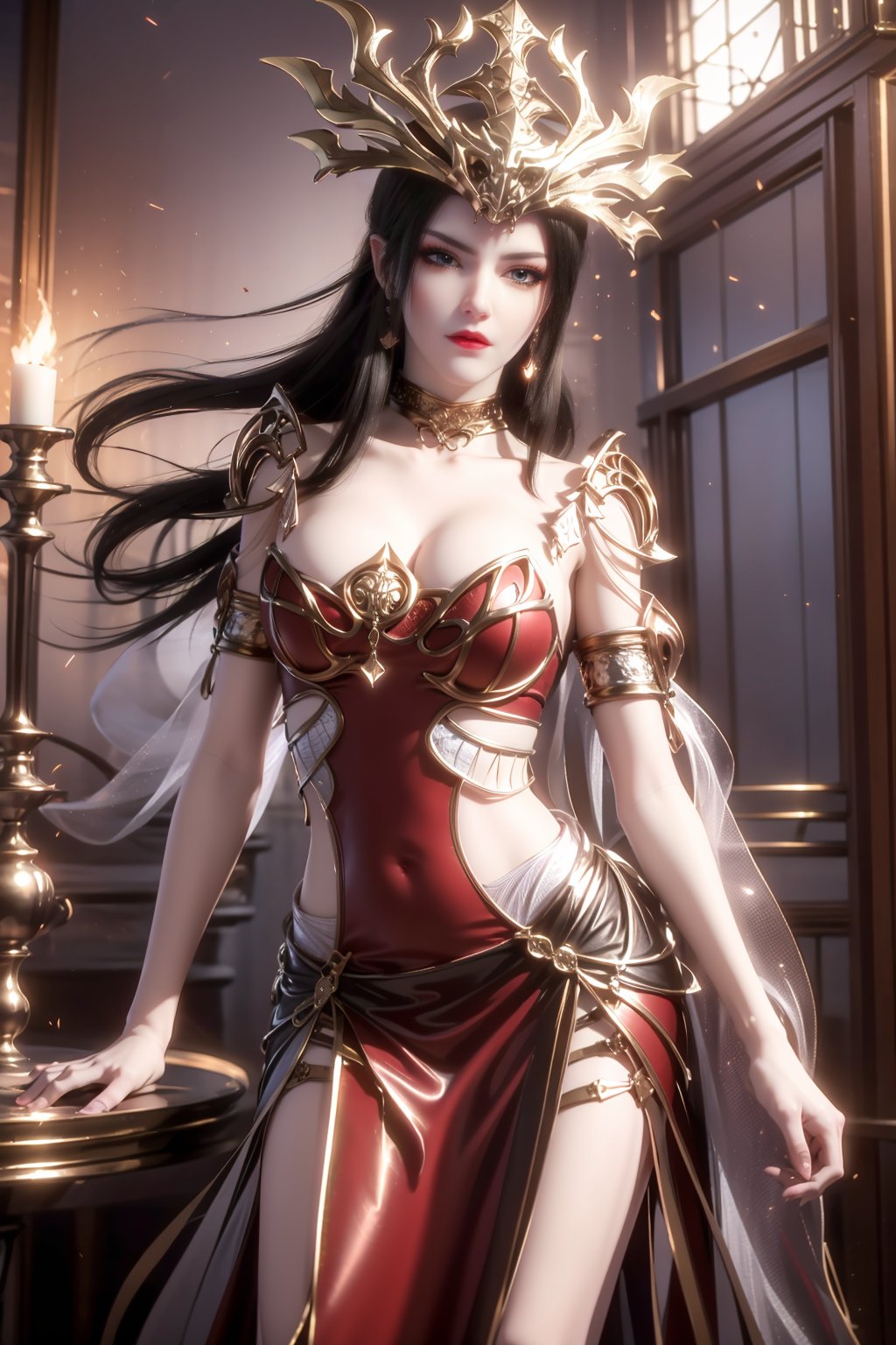 8k,RAW photo,best quality,masterpiece,hatching (texture),skin gloss,light persona,artbook,extremely detailed CG unity 8k wallpaper,official art,(high detailed skin),glossy skin,contrapposto,female focus,sexy,fine fabric emphasis,wall paper,1girl,solo,(red_dress:1.2),very long hair,mouth veil,hair ornament,red_veil,mdsm-hd,mdsq-hd,<lora:0413美杜莎皇冠12864x:0.8>,ll-hd,<lora:1111白皙质感:0.5>,ty-hd,<lora:0110田野:0.6>,<lora:泛光:0.3>,