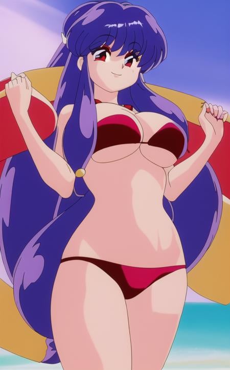 <lora:shampoo-10:1>, shampoo, 1girl, long hair, purple hair, red eyes, large breasts, smile, beach, bikini,