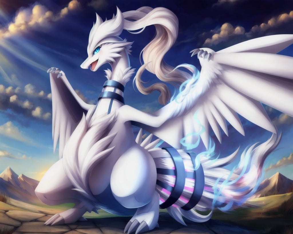 Masterpiece,high quality,4k,reshiram,female,beautiful eyes,full body,pokemon \(creature)\,solo,white wings,no humans,fire,Sky,white hairs,tail,day,sunlight,mountain,teeth,tongue,open mouth,happy,strong thighs,