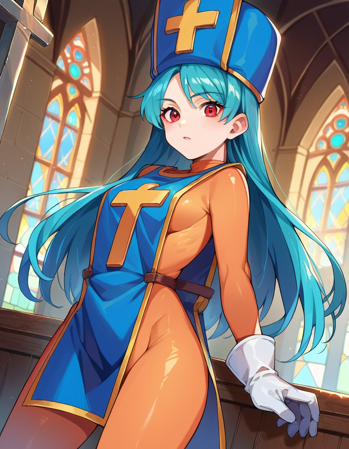 score_9, score_8_up, score_7_up, source_anime,dqpriest, <lora:dq-priest-ponyxl-lora-nochekaiser:1>,priest, aqua hair, blue hair, long hair, red eyes,bodysuit, boots, cross, gloves, hat, mitre, orange bodysuit, tabard,indoors, church,looking at viewer, dutch angle, cowboy shot,