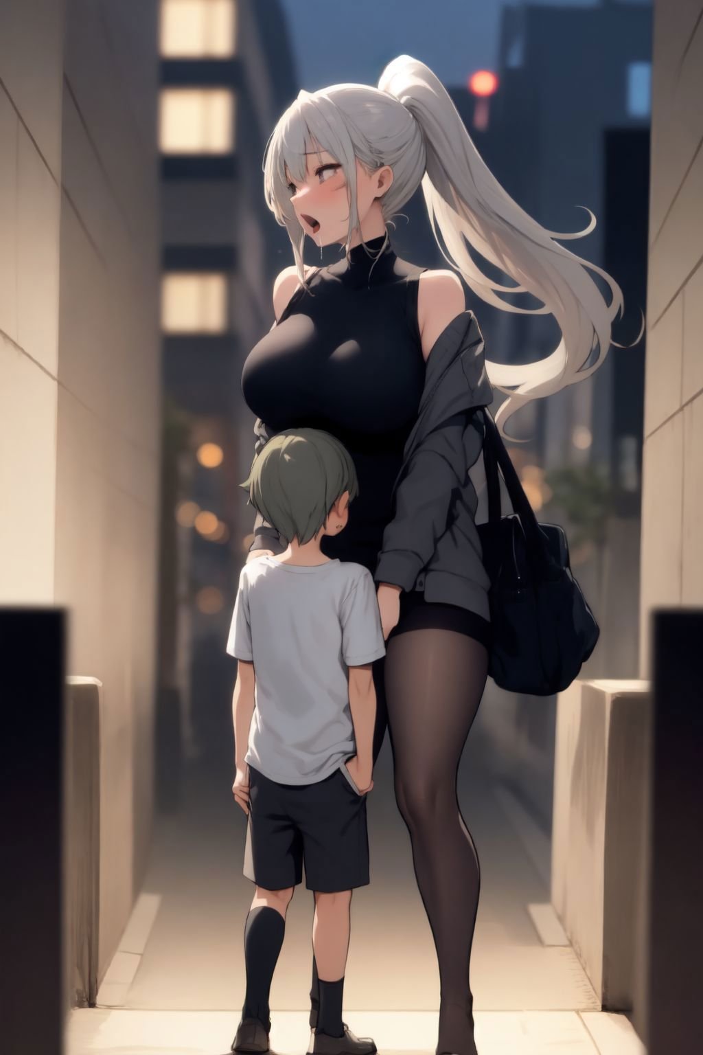 1girl, 1boy, standing, breasts, size difference, mature female, light grey hair, high ponytail, screaming, grey clothes, in front of large window, cityscape, skyscraper, lens flare, blurry background <lora:bigsislitbro_cpt_v02.3:1>