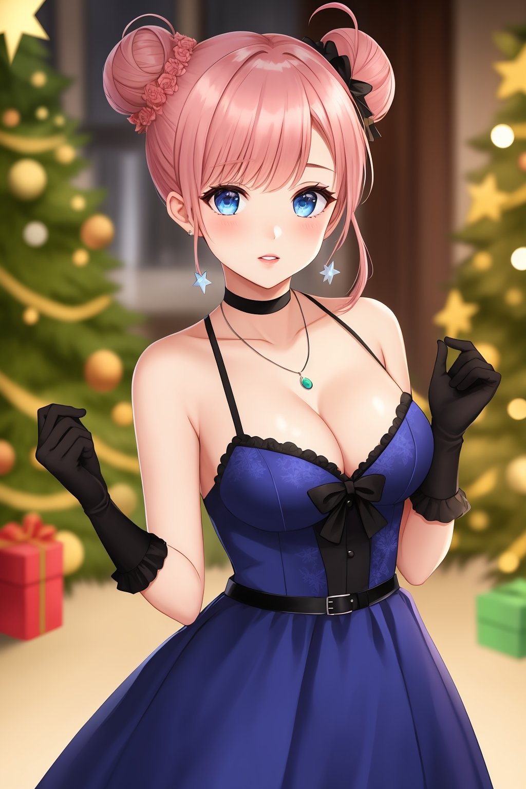 1girl,solo,breasts,looking at viewer,short hair,blue eyes,gloves,dress,cleavage,bare shoulders,jewelry,medium breasts,pink hair,parted lips,wings,sleeveless,choker,black gloves,indoors,necklace,hair bun,blurry,lips,double bun,sleeveless dress,blurry background,blue dress,christmas tree,