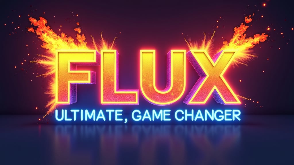 Logo in neon lights, 3D, colorful, modern, glossy, neon background,with a huge explosion of fire with epic effects, the text reads  "FLUX ULTIMATE , GAME CHANGER ",