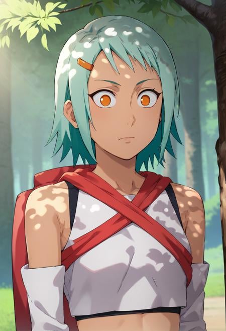 1girl, fuu, <lora:fuu_ponyxl_v1-000025:0.9>, solo, bare shoulders, white crop top, upper body, surprised, closed mouth, detached sleeves, hairclip, red backpack, BREAKoutdoors, under tree, dappled sunlight, sunbeam, nature, foliageBREAKscore_9, score_8_up, score_7_up, score_6_up, anime