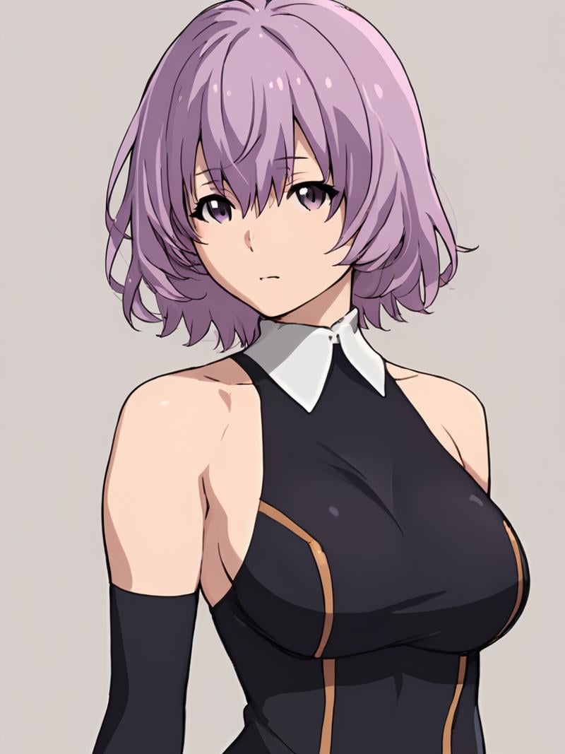 score_9, score_8_up, score_7_up, score_6_up, score_5_up, score_4_up,simple background, plain background,<lora:shihoru-pony-v1:1>, shihoru, purple hair, purple eyes, large breasts, white collar, black dress, arm warmers,