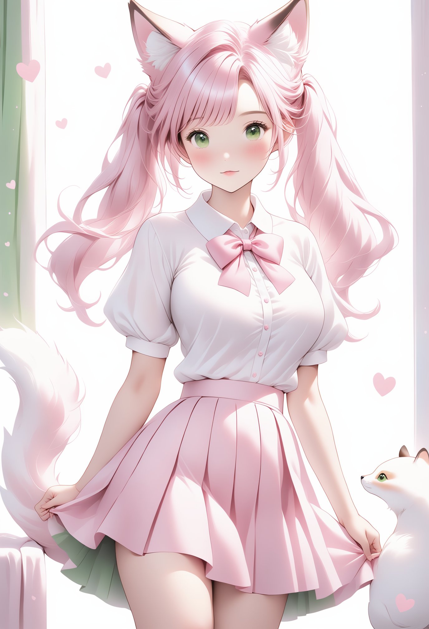 1girl,pink pleated skirt, long hair, animal ears, green eyes, white shirt, twintails, animal ear fluff, blush, collared shirt, puffy short sleeves,breasts, pink bow,swept bangs, looking at viewer, full body