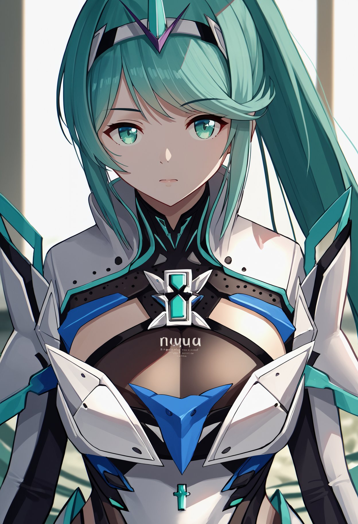 score_9, score_8_up, score_7_up, source_anime BREAK 1girl, solo, <lora:pneuma-xb-richy-v1_pdxl:1> pnmdef, aqua eyes, aqua hair, long hair, ponytail, tiara, large breasts, armor, close-up, closed mouth, looking at viewer, fantasy, portrait, 