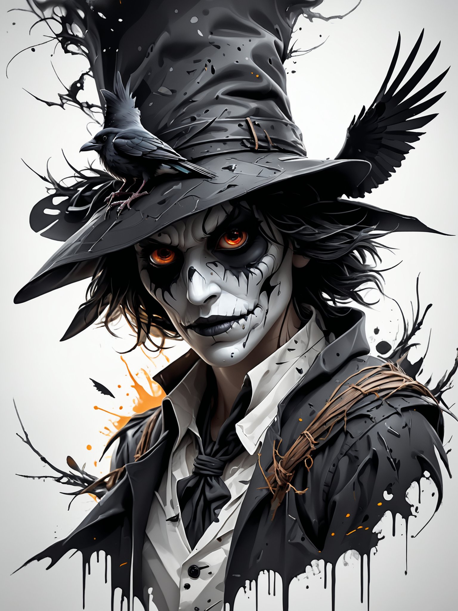 Vektor Create an exquisite ink painting on white paper that is the perfect multi-exposure work of art. This piece was intended to combine the volume-shaded of a Raven and a scarecrow . Hyper realistic .Tattoo style, paint splash, colors in white ,black and white , illustration, painting, photo, poster, dark fantasy, epic action, Unreal Engine, cinematic award winning artwork, many details, extreme detailed, full of details,Wide range of colors., dramatic, Dynamic,Cinematic,Sharp details, Insane quality. Insane resolution. Insane details. Masterpiece. 32k resolution. casting shadow style, cucoloris patterned illumination,  dvr-lnds-sdxl, ral-dissolve, ral-ertmsphr, ral-porcelain, ral-pxlprtcl, Niji, aidma-niji