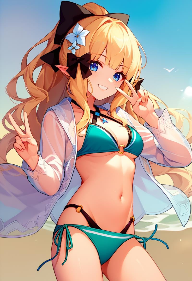 score_9, score_8_up, score_7_up, cowboy shot, solo, 1girl, sarensummer, smile, looking at viewer, peace sign, sidelocks, hair up, ponytail, hair bow, black bow, hair flower, pointy ears, open clothes, see-through, long sleeves, aqua bikini, layered bikini, o-ring top, halterneck, side-tie bikini bottom, outdoors, beach <lora:princessconnect_saren_ponyXL:1>