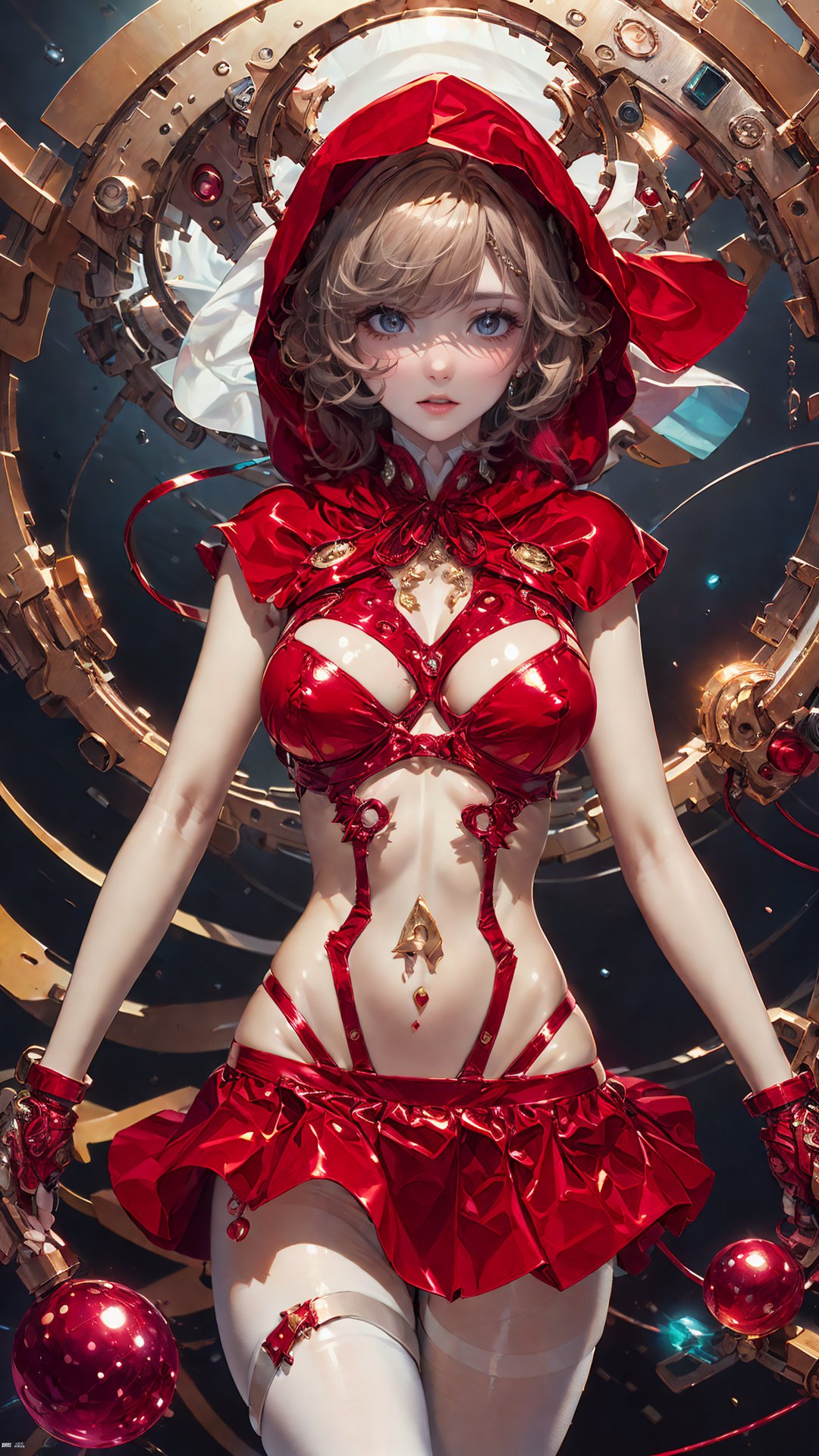 tutututu, red skirt, medium breasts, red hooded capelet, bandage, bdsm, covered nipples, christmas, (masterpiece, top quality, best quality, official art, beautiful and aesthetic:1.2), (1girl), (fractal art:1.2),absurdres, highres, ultra detailed, Ultra-precise depiction, Ultra-detailed depiction, solo, (zentangle:1.2), dynamic pose, floating hair, (skinny, thin body: 1.2), tanned skin, shiny skin, (abstract:1.2),cbpkv5, white pantyhose, <lora:tutuMCV3:0.7>  <lora:cbpkv_20230614221551:0.6>