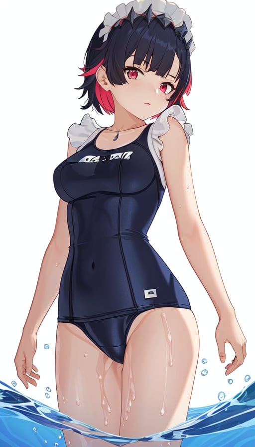 1girl,solo,colored inner hair,(two-tone hair),looking at viewer,(((short hair))),(white_background),standing,<lora:qwe:0.6>,medium breasts,underwear,water,wet,swimsuit,((school_swimsuit)),