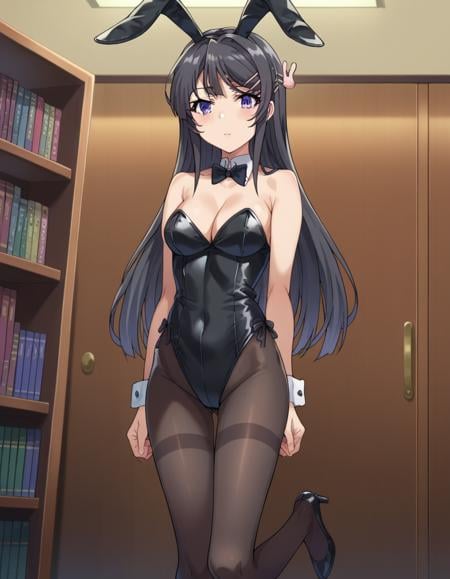 score_9, score_8_up, score_7_up, source_anime,maisakurajima, <lora:mai-sakurajima-s1-ponyxl-lora-nochekaiser:1>mai sakurajima, long hair, bangs, black hair, hair ornament, purple eyes, hairclip, rabbit hair ornament,bow, animal ears, cleavage, bare shoulders, pantyhose, bowtie, black footwear, rabbit ears, high heels, leotard, black pantyhose, strapless, black bow, detached collar, fake animal ears, playboy bunny, black leotard, strapless leotard, thighband pantyhose, black bowtie,indoors, library,looking at viewer, cowboy shot, dutch angle,