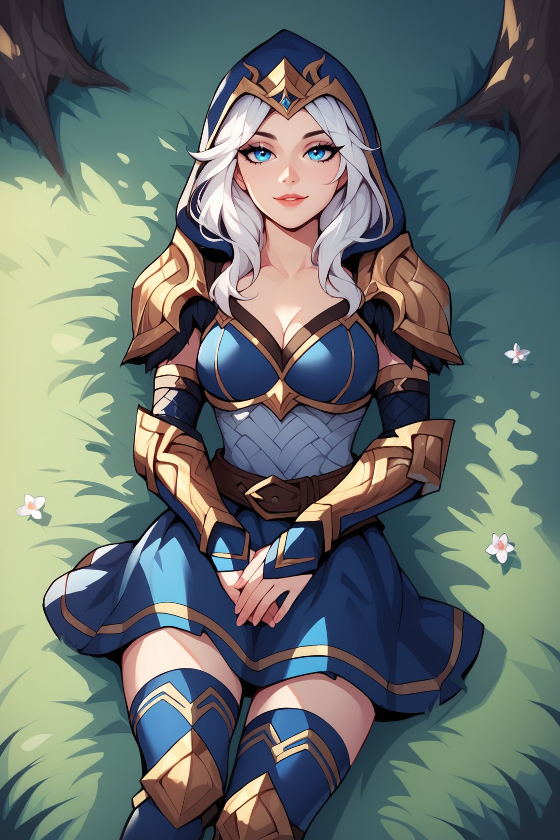 score_9, score_8_up, score_7_up, score_6_up, score_5_up, score_4_up, AsheLoLXL, blue eyes, white hair, long hair, parted bangs, blue hood, hood up, medium breasts, golden armor, shoulder armor, cleavage, blue dress, vambraces, brown belt, blue skirt, blue thighhighs, solo, lying on grass, seductive smile, looking at viewer, forest, tree <lora:AsheLoLXL:0.8>