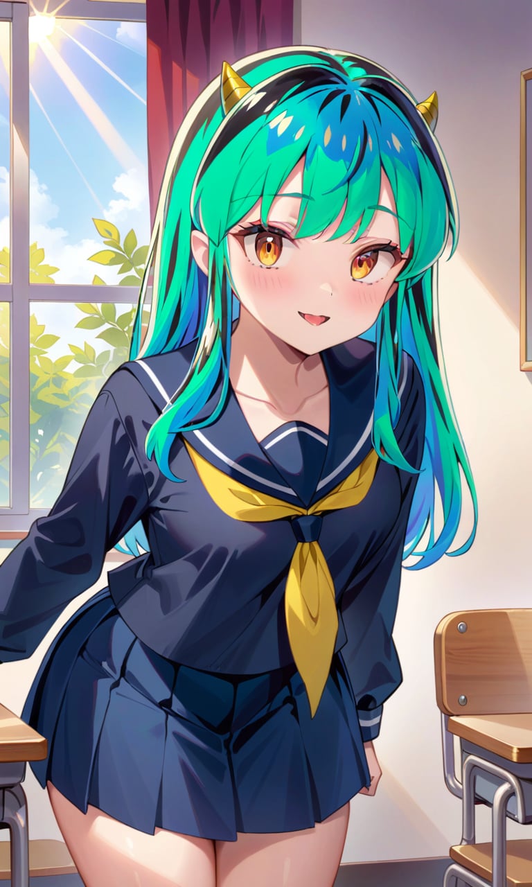 (masterpiece, highres, high quality, very aestethic, intricate details), 1girl, lumxl, lum, long hair, green hair, aqua hair, multicolored hair, oni, cone horns, serafuku, school uniform, blue shirt, long sleeves, blue skirt, pleated skirt, yellow neckerchief, sailor collar, classroom, room, indoors, chair, leaning forward, :D, light blush, light rays<lora:EMS-343458-EMS:1.200000>