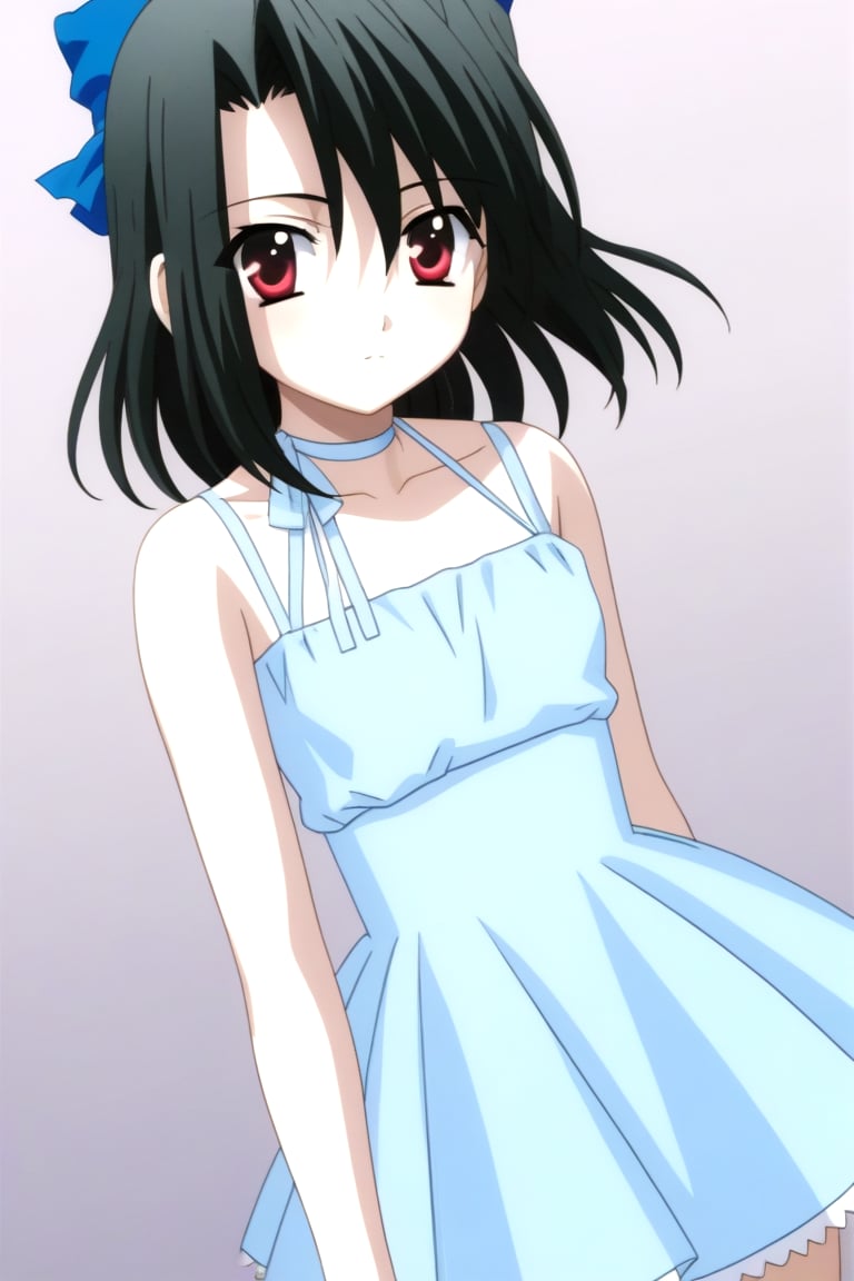 Highly detailed, High Quality, masterpiece, beautiful, source_anime, 1girl, solo, (young woman), (16 old), Setsuna Kiyoura, black hair, red eyes, short_hair, hair bow, red bow, tiny breasts, bare shoulders, dress, sundress, blue_dress, looking_at_viewer, dutch_angle, cowboy_shot<lora:EMS-447771-EMS:1.000000>