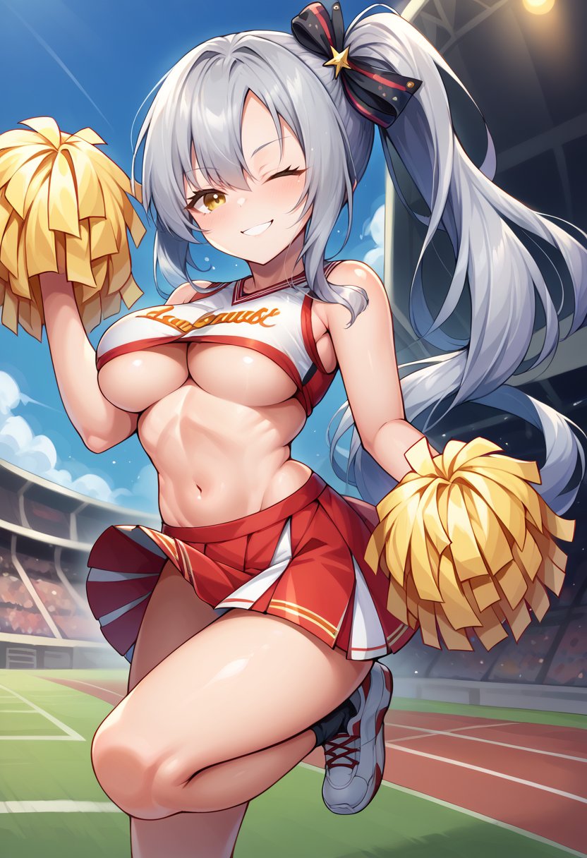 score_9,score_8_up,score_7_up BREAK 1girl,jelodkdef,solo,outdoors,standing on one leg,knee up,grey hair,side ponytail,hair ribbon,yellow eyes,cheerleader outfit,crop top overhang,underboob,sideboob,pom pom \(cheerleading\),looking at viewer,seductive smile,one eye closed,<lora:Drake-JeloXL-000008:1>,