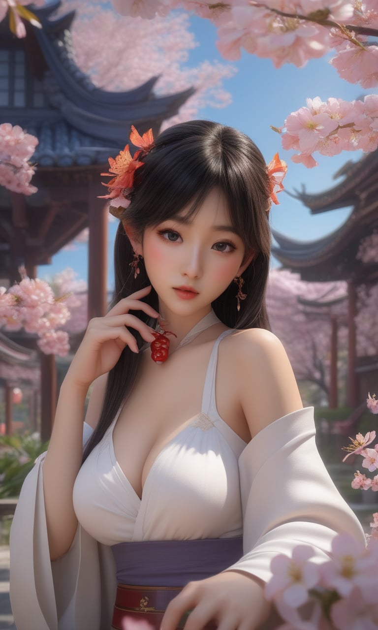 (,1girl, pov,best quality, )masterpiece, fantasy, realistic,science fiction,mole, ultra realistic 8k cg, ,tamari \(flawless\),  cleavage,large breasts  ,orange blossoms, spider lily, lily \(flower\),cherry blossoms,plum blossoms, strawberry blossoms      ((()))