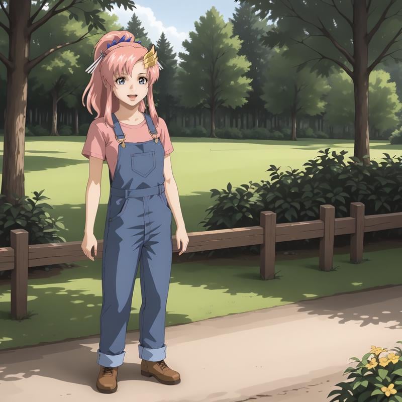 <lora:LacusClyneXLpony002>,looking at viewer,smile,open mouth,solo,LacusClyne,1girl,pink hair,ponytail,blue eyes,hair ornament,outdoors,nature,standing,full body,overalls,