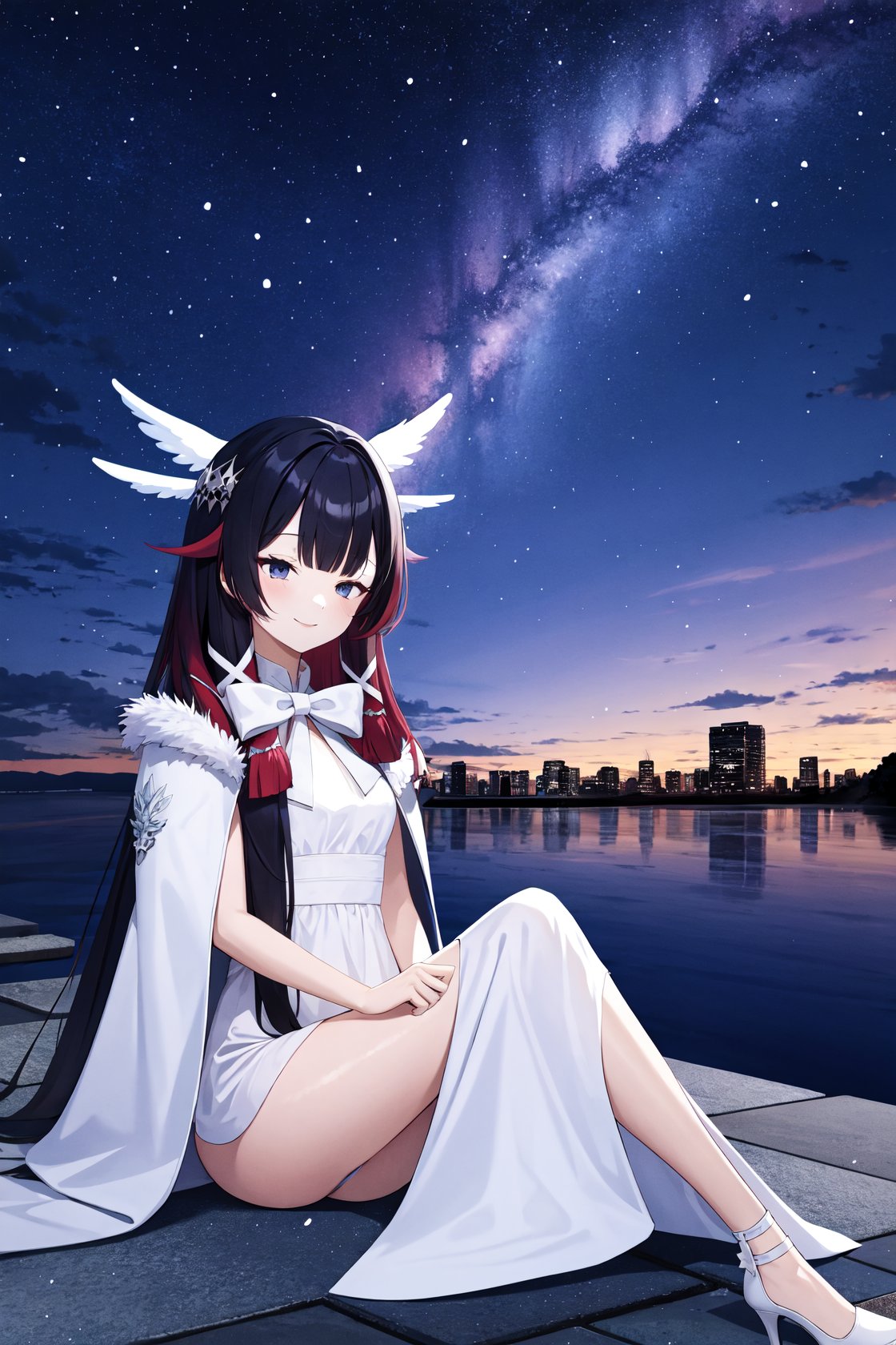 <lora:少女v2-000006:1:lbw=char>,shaonv,1girl,solo,white mask,head wings,fur-trimmed coat,smile,white coat,white bow,white dress,white ribbon,aurora,city lights,cloud,crescent moon,fireflies,horizon,light particles,milky way,moon,night,night sky,shore,sitting,sky,skyline,snowing,space,star \(sky\),starry background,starry sky,twilight,water,, (masterpiece,best quality,high quality:1.2),absurdres,