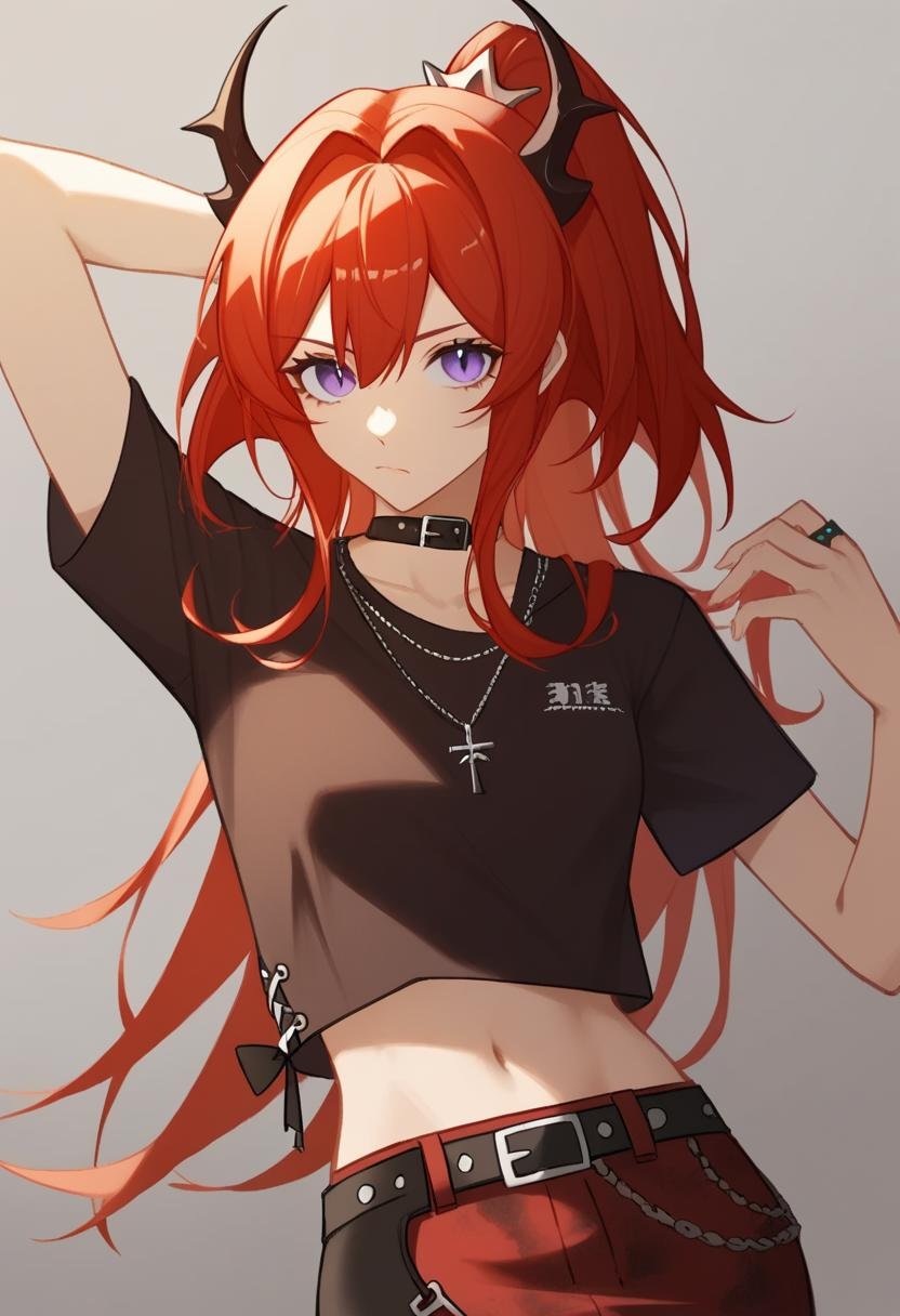 score_9,score_8_up,score_7_up,<lora:earknights_all:1>,1girl, surtr_\(arknights\), solo, arm_up, horns, long_hair, red_hair, ponytail, hair_ornament, navel, t-shirt, bracelet, necklace, highres, belt_buckle, black_choker, black_shirt, blurry, chinese_commentary, closed_mouth, commentary_request, crop_top, cross, grey_background, looking_at_viewer, midriff, photoshop_\(medium\), purple_eyes, red_skirt, shadow, short_sleeves, simple_background, studded_belt, surtr_\(liberte_echec\)_\(arknights\)