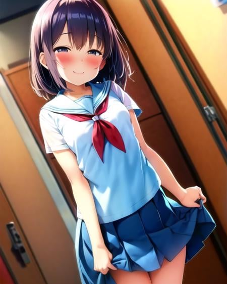 (pija pianissimo), 1girl, blush, smile, cowboy shot, dynamic angle, arms behind back, small breasts, looking_at_viewer, school_uniform, shirt, skirt,  <hypernet:pija-23200:1>