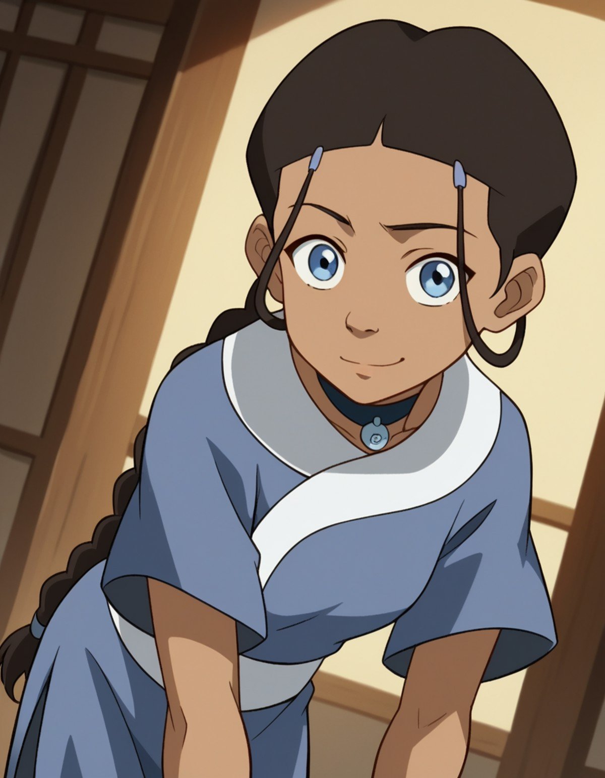 score_9, score_8_up, score_7_up, source_anime, <lora:katara-book2-ponyxl-lora-nochekaiser:1>, katara, long hair, blue eyes, brown hair, black hair, hair ornament, hairclip, braid, single braid, braided ponytail, dark skin, dark-skinned female, choker, short sleeves, robe, blue robe, sash,, indoors, bent over, smile, looking at viewer, solo, cowboy shot, dutch angle