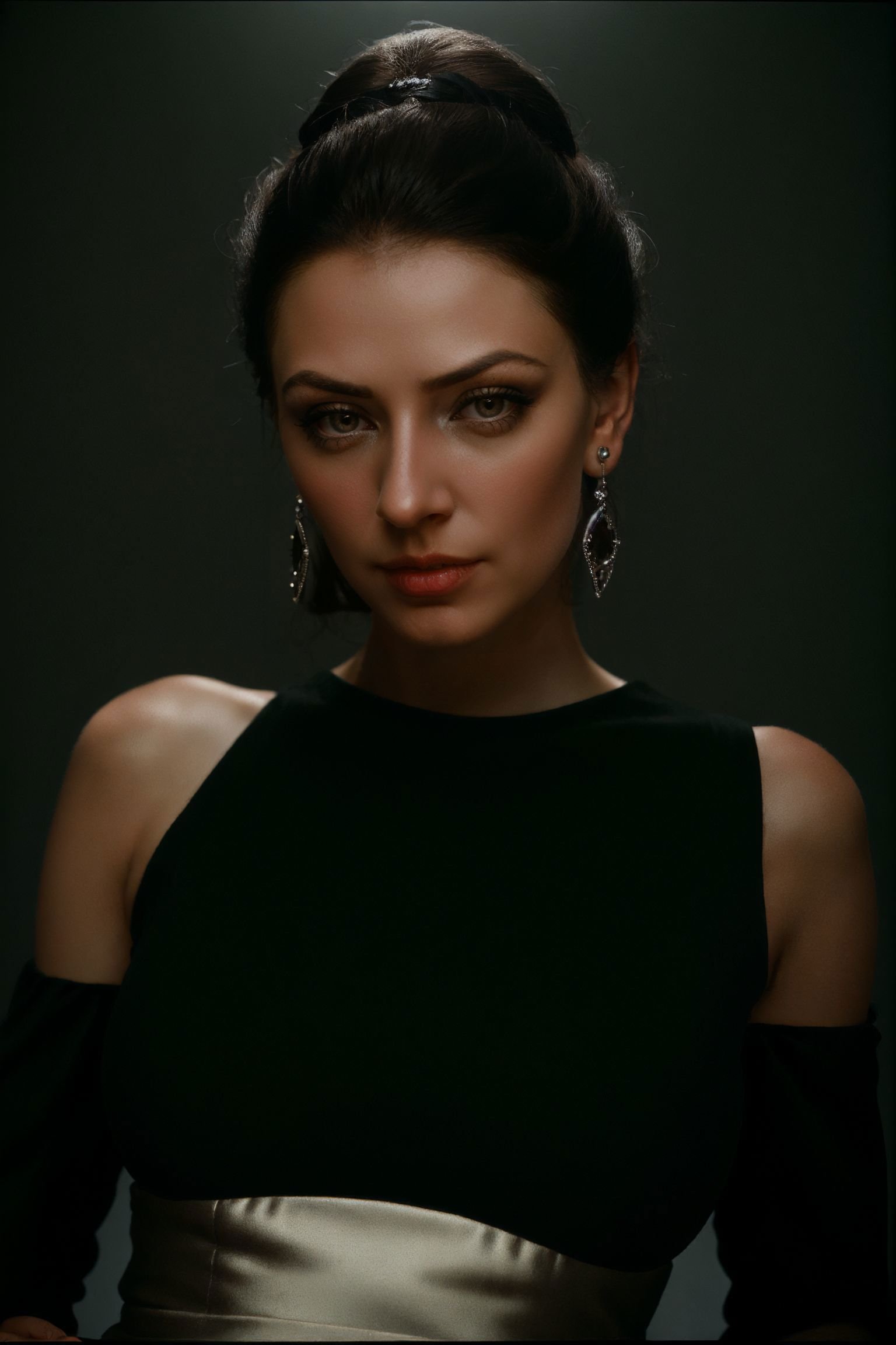Beauty photo,<lora:AnyaZenkova_1.2:1> AnyaZenkova(female in a dark        theme:1.3), with (Elegant Evening Black off-the-shoulder gown     Floor-length tulle skirt        Silver stilettos        Chandelier earrings:1.2) updo braids hairstyle, focus, intense gaze, (head tilt,:1.2) detailed hair strand, ear, detailed upper torso, detailed eyes, detailed pupils, detailed iris, detailed nose, detailed lips, ears, detailed sideburns, eye reflection, ray tracing, path tracing, reflection,in style ofRichard Avedon  Portrait        Large-format camera, high-quality lenses        Simple backgrounds, <lora:epiC35mm:1>  epiCPhoto,  (plunging neckline:-1) 