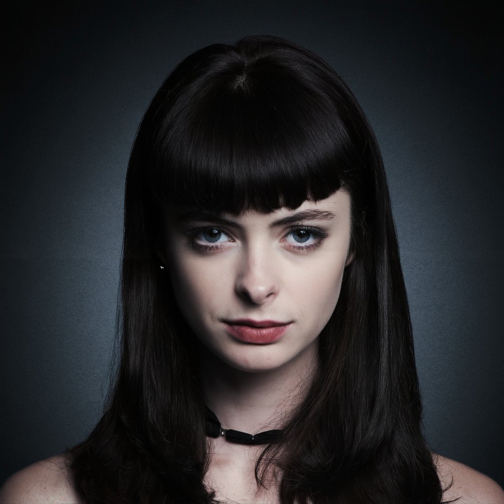 A portrait of krysten_ritter with long, straight, dark brown hair. She has striking eyes and a neutral expression. She wears a black choker necklace with a small pendant. The background is a deep, dark shade that contrasts with her lighter complexion. The image style is dramatic and evocative, emphasizing the subject's facial features and expressions. The color palette is dominated by dark tones, with the blue eyes providing a pop of color.