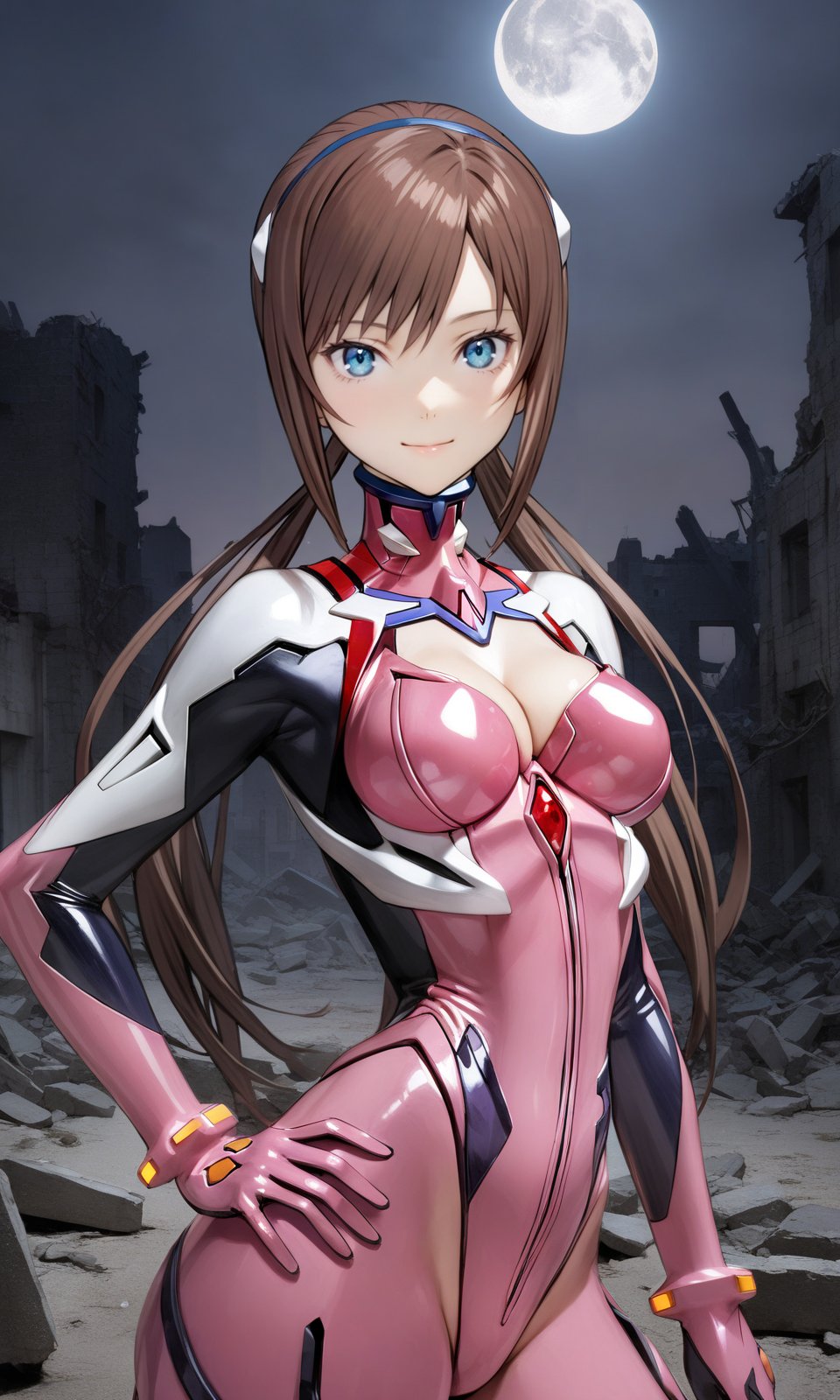 1girl, marishin, blue eyes, brown hair, medium breasts, cleavage, linea alba, hip bones, wide hips, (plugsuit:1.1), looking at viewer, light smile, upper body, straight-on, arms at sides, outdoors, ruins, night, moon, masterpiece, best quality, very aesthetic, absurdres, nyatabe, mogudan, <lora:MariShinFlare_XL:0.7><lora:Nyatabe_XL:1> 