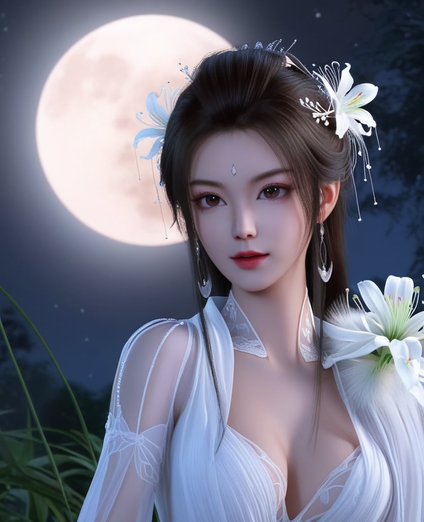 <lora:612-DA-XL-少年白马醉春风-玥瑶:0.8>(,1girl, ,best quality, ),looking at viewer,  ,,ultra detailed background,ultra detailed background,ultra realistic 8k cg, ,masterpiece, spider lily,full moon, (cleavage), (),