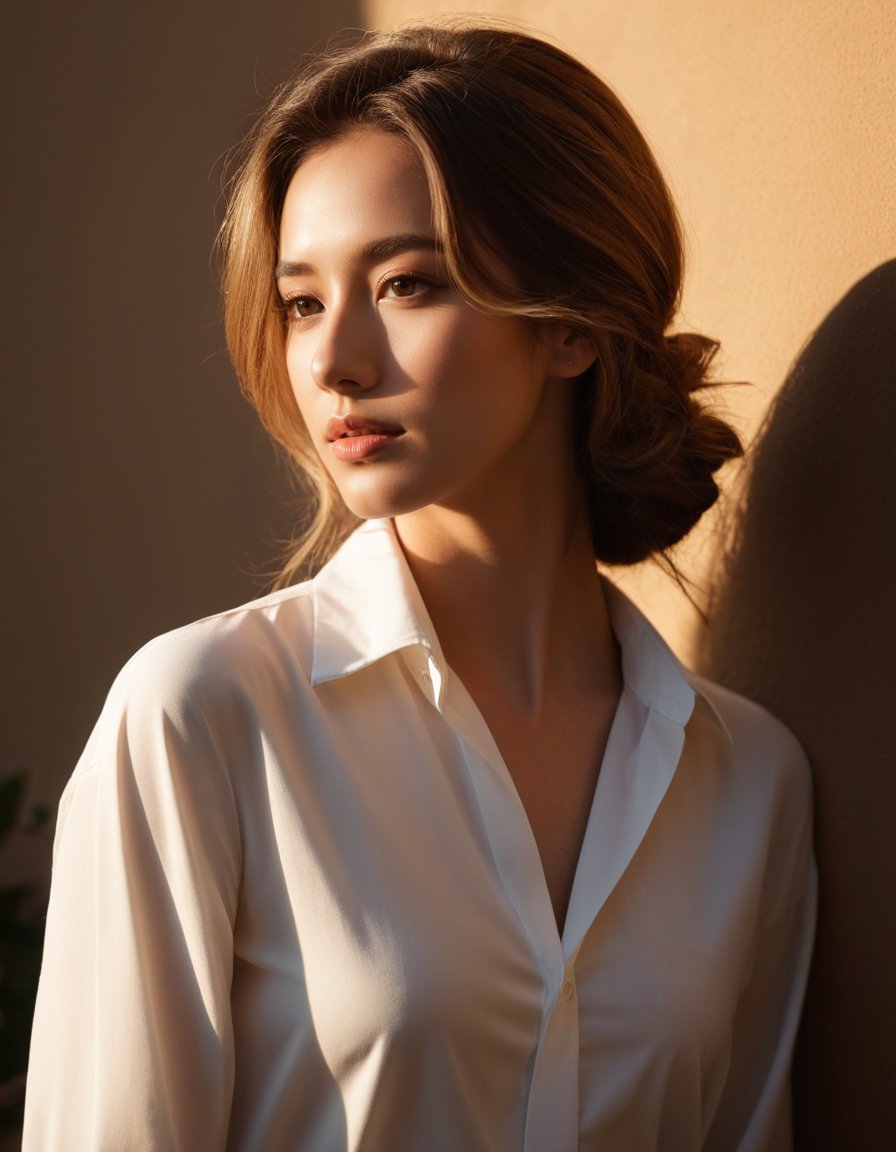 masterpiece, best quality, 1girl, extremely beautiful detailed face, best shadow, white shirt, (golden hour light from top:0.8), (sepia photography:1.0), (cinestyle:1.0), (professional photo, balanced photo, balanced exposure)