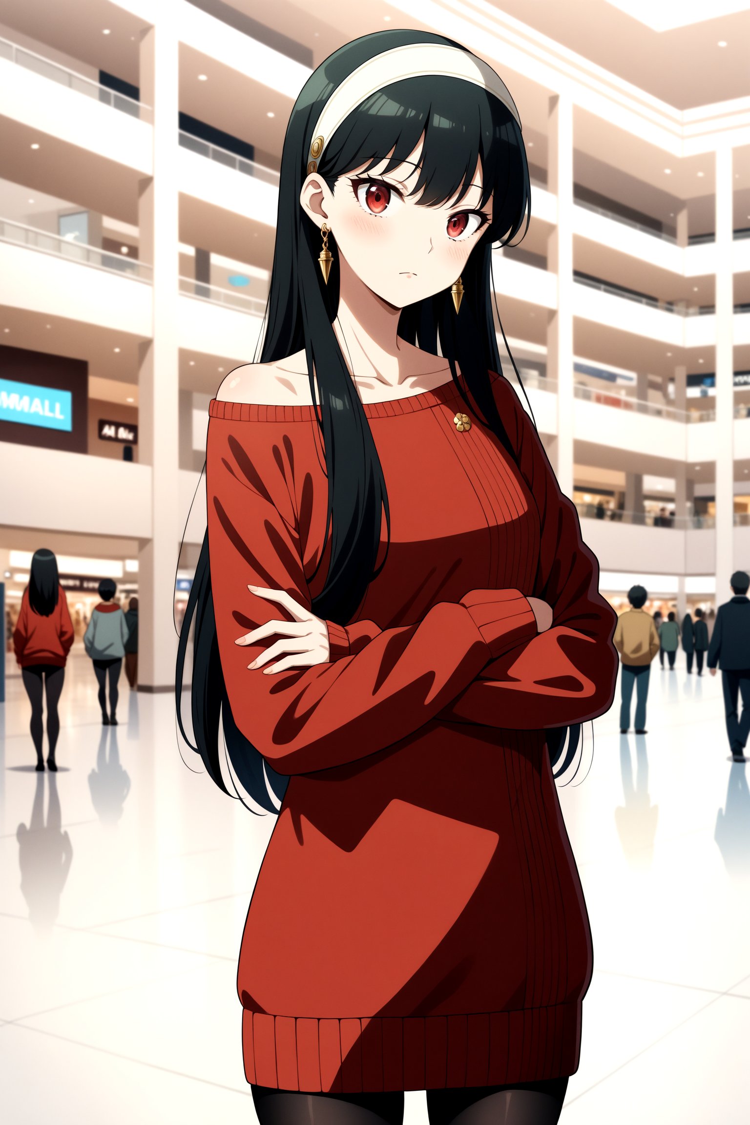 (masterpiece, best quality, very aesthetic, ultra detailed), intricate details, 4k, anime style, bbyorf, long hair, white hairband, red eyes, gold earrings, jewelry, off shoulder, red sweater, sweater dress, long sleeves, black pantyhose, <lora:yor_forger_XL_v1:0.9>, cowboy shot, standing, mall,  jitome, crossed arms,