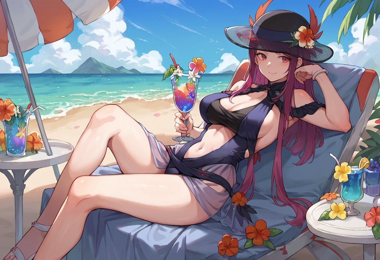 score_9, score_8_up, score_7_up, source_anime, 1girl, reclining, smile, <lora:IvyFE-pdxl-bsinky-v1:1> sumivy, large breasts, sun hat, hat flower, one-piece swimsuit, navel, long skirt, see-through skirt, sandals, drink, beach chair, table, sky