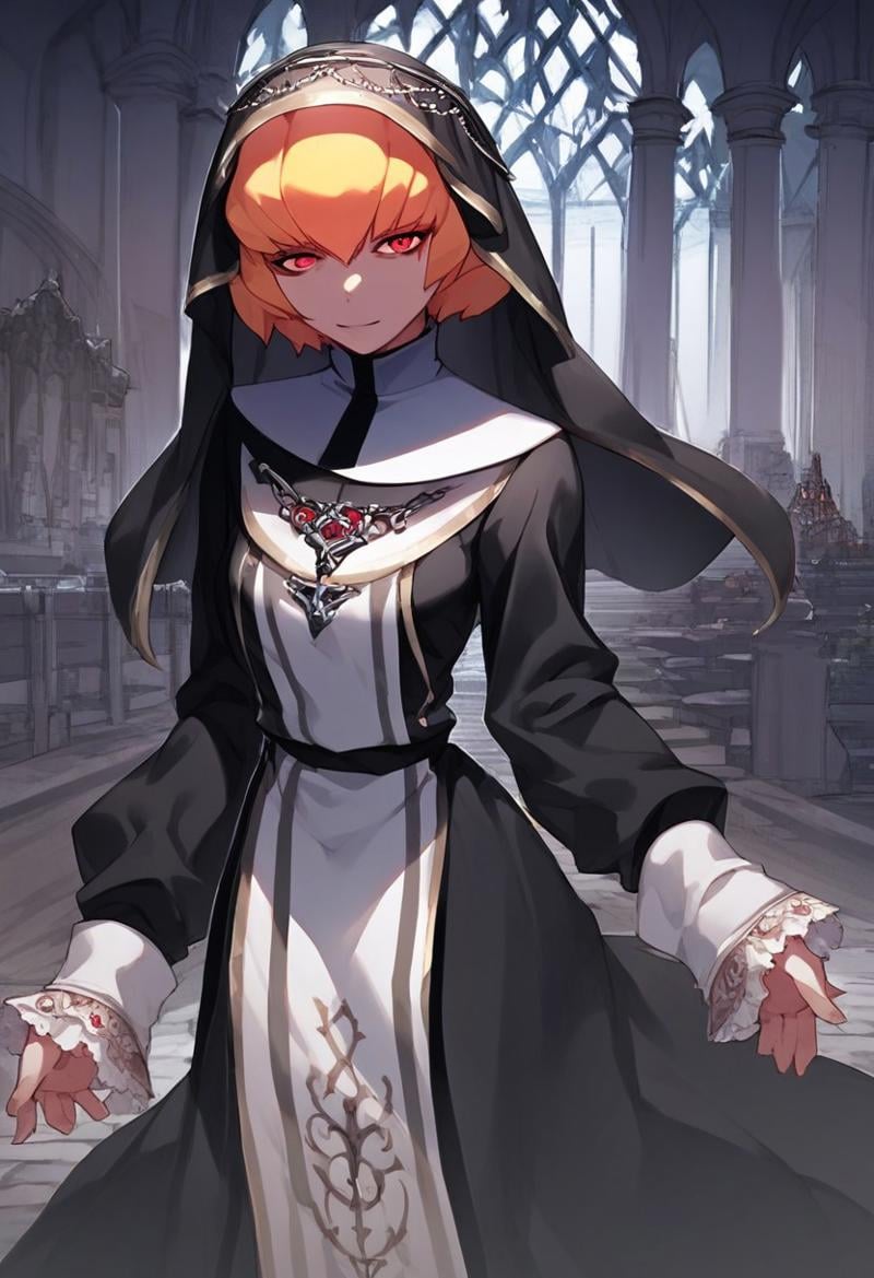 score_9, score_8_up, score_7_up,source_anime,Clementine, blonde hair, short hair, red eyes,black veil,nun clothes,castle view, moonlight,solo