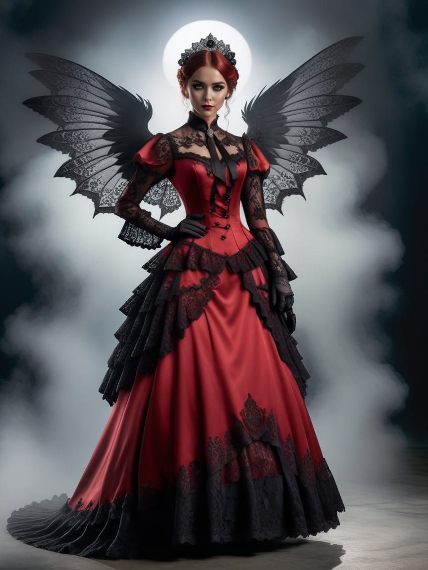 breathtaking woman wearing a red (victorian dress), <lora:victorian_dress-XL-2.0:1>photograph, realistic, black wings, full body, backlighting, halo, black lace, fog,  . award-winning, professional, highly detailed