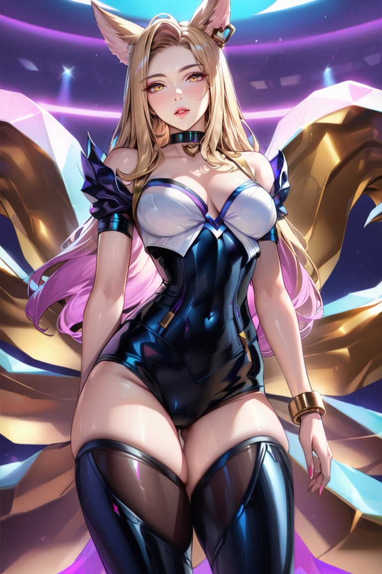 (Masterpiece), mature, HDR,UHD,8K, best quality, Highly detailed, physically-based rendering, extreme detail description, perfect skin, shiny skin, shiny hair,perfect face, 1girl, kda1, blonde hair, yellow eyes, thighighs, facial mark, animal ears, tail, choker,Ahri, K/DA Ahri, bare shoulders, arm straps,LeagueOfLegendsAhri, long hair, bracelet, jewelery, heart choker, multiple tails, idol, cleavagefox ears, earrings,black leotard, white top, high thighhighs, magenta tail, ((black thighhighs)),ahri, black stockings<lora:EMS-335737-EMS:0.600000>, <lora:EMS-388761-EMS:0.100000>, <lora:EMS-418641-EMS:0.800000>