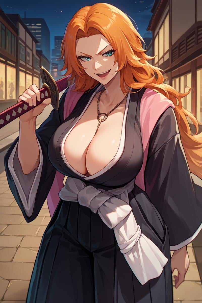 score_9, score_8_up, score_7_up, score_6_up, source_anime BREAK 1girl, solo,  <lora:rangiku-pdxl-nvwls-v1-000006:1> defran, long hair, orange hair, mole under mouth, necklace, black robes, cleavage, pink scarf, white sash, hakama pants, large breasts, holding sword, smirk, smug, open mouth, city, night, wide stance