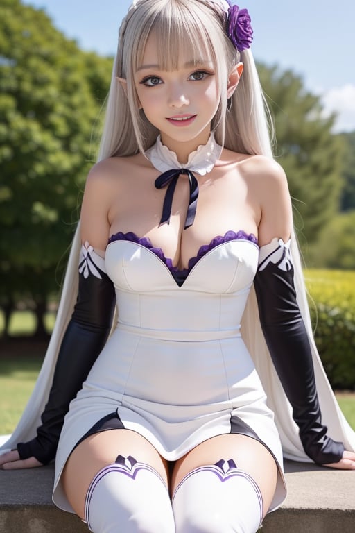 photograph of a very beautiful and elegant woman sitting on the grass, (highly detailed eyes,extremely delicate and beautiful face), 1girl,small breasts, (white leather high heel thigh boots,white elbow gloves),black thigh highs,serious,emilia \(re:zero\), (white hair, purple eyes), very long hair, hair ornament, blunt bangs, [crown] braids, pointy ears, hair flower, white flower, ribbon, hair ribbon, x hair ornament, open mouth, purple ribbon,smile, blush, outdoors, white dress, detached sleeves, wide sleeves, frills, bare shoulders, sunny background, wariza, sitting <lora:emiliaReZero_v5:1> <lora:saikaKawakita_saikaV30:0.4>