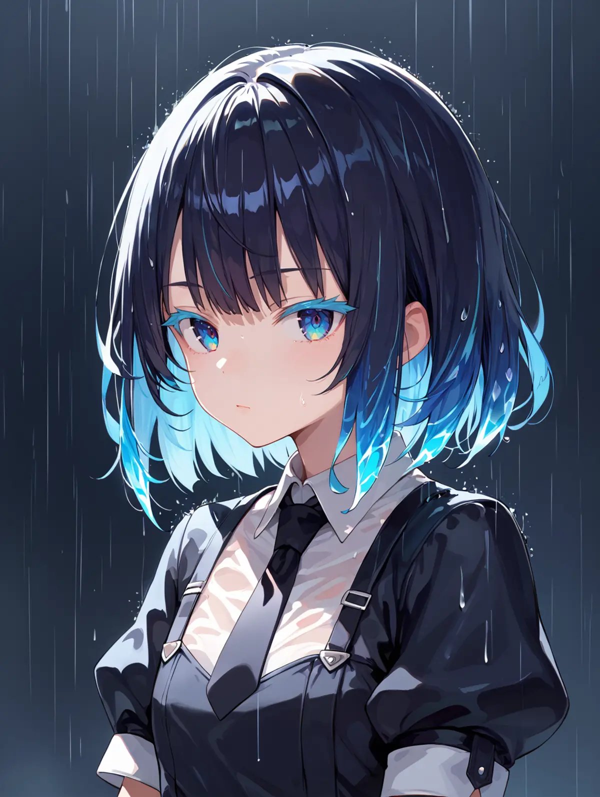 score_9, score_8_up, score_7_up, source_anime, 1girl, young, curvy chest, cute, petite, portrait, hskdmnd, crystal hair, colored eyelashes, multicolored hair, short hair, black shirt, puffy short sleeves, collared shirt, black necktie, white elbow gloves, looking at viewer, expressionless, dark background, rain, cinematic light