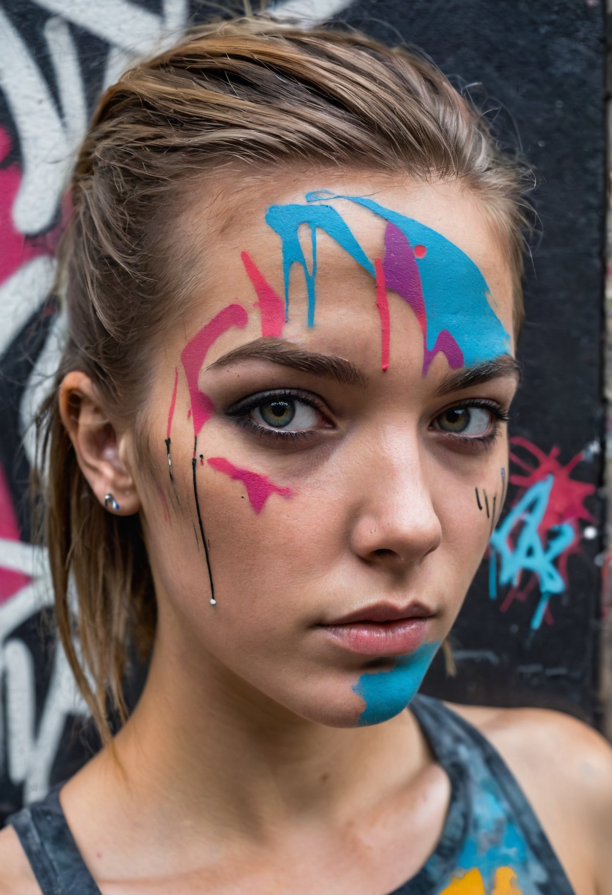 A portrait blending street art and photorealistic techniques. Skin has a textured, urban feel, while hair is styled like a graffiti tag. Eyes seem to pierce through theimage with bold strokes of color.