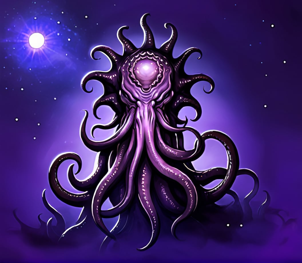 yekubians,digital art,science fiction,tentacled creature,cosmic background,space,planets,stars,mystic,purple hue,alien environment,surreal,towering figure,circular patterns,soft lighting,shadow effects,stylized texture,futuristic,fantasy.,cthulhu horror,no humans,alien,planet,solo,monster,star \(sky\),tentacles,glowing,lovecraftian,Mythological creatures,<lora:kesulu-10:0.6>,