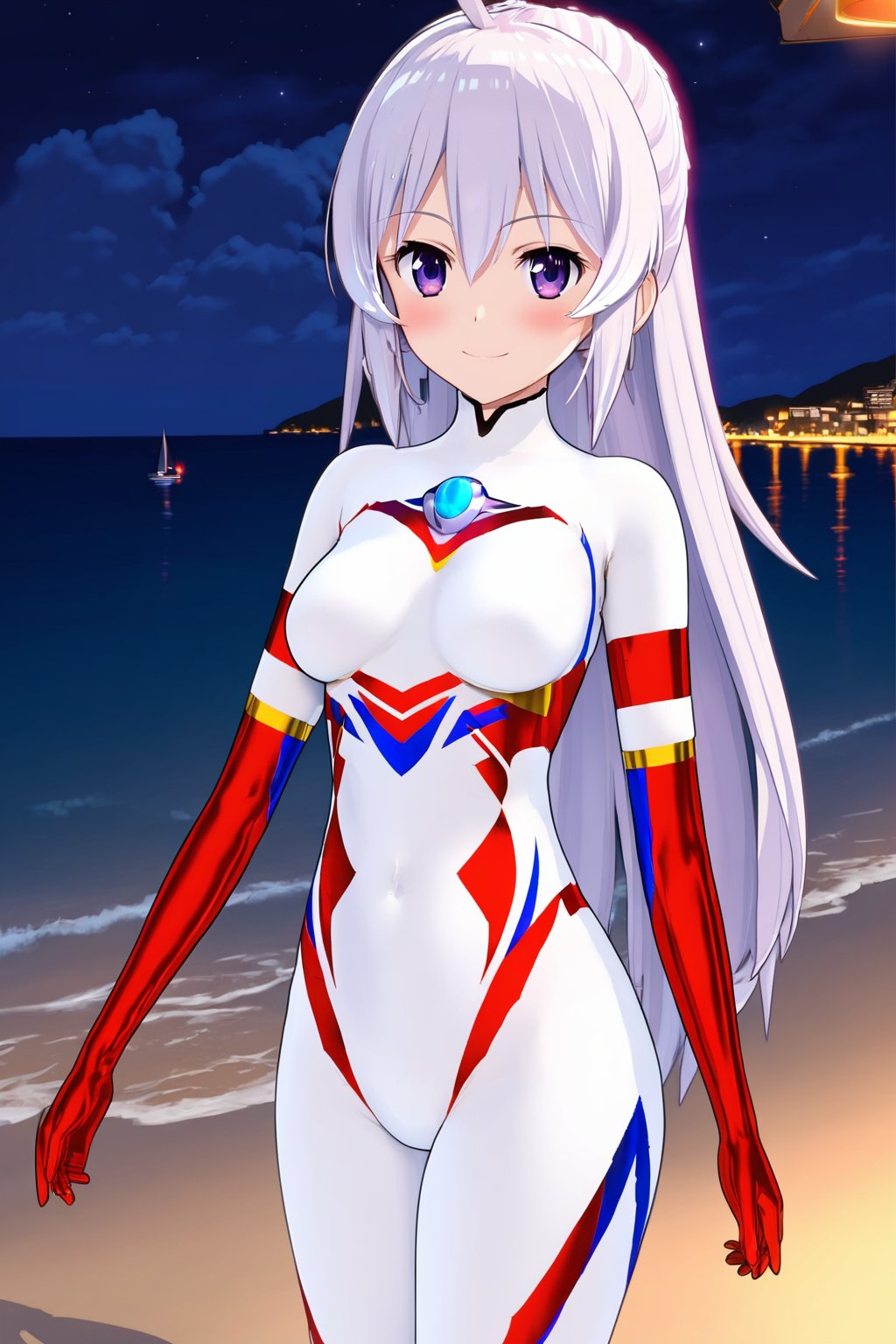 1girl, ultragirl shion, white bodysuit, red elbow gloves, night, sea, bbeach, smile<lora:EMS-326858-EMS:0.600000>, <lora:EMS-248183-EMS:0.600000>, <lora:EMS-370287-EMS:0.800000>